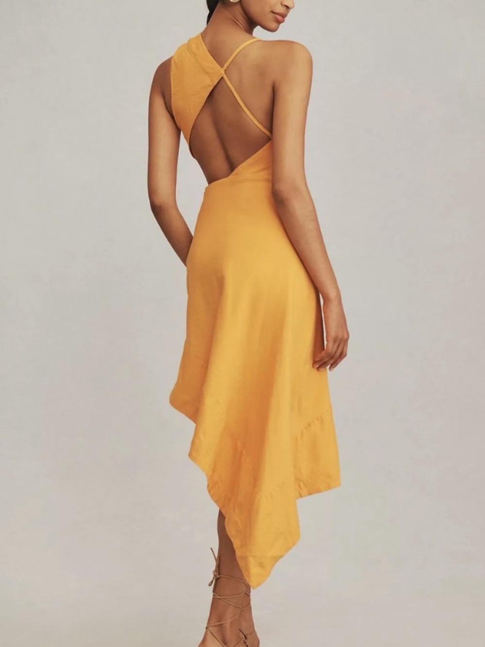 Anthropologie Yellow Sleeveless Asymmetrical Open Back Midi Dress Cutout